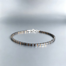 Men's Hematite Cube Beaded Bracelet Silver Copper Tone Grounding Protection