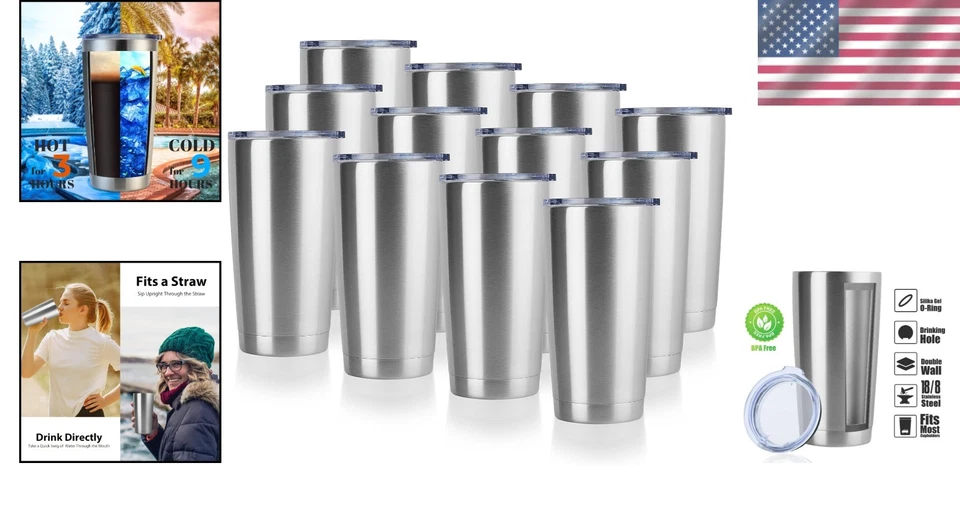 Paquete de vasos de acero inoxidable con tapa, 20 oz, paquete de 12 Foto 2 de 4