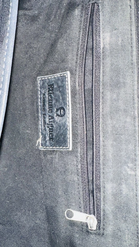 Etienne Aigner Cartera de Cuero Negro Bolso de Hombro Borde Blanco ENVÍO RÁPIDO Foto 3 de 4