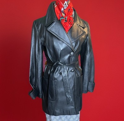 Vintage Black Leather Bagatelle Trench Coat | Belted | Quiet Luxury | Minimalist