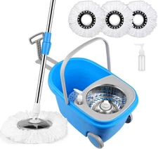 Spin Mop and Bucket with Wringer Set, 3 Washable Microfiber Pads Included for Fl