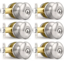 6 Pack-Probrico Brushed Nickel Door Knobs with Lock, Oval Keyed Alike