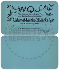 WQJ CALUMET-RAINBO SKYLARKS MEMBERSHIP CARD - VINTAGE REPRINT