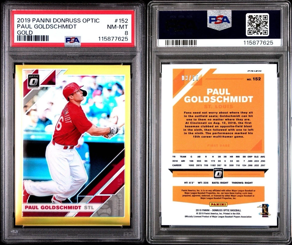 Pop 1 PSA 8 2019 Panini Donruss Optic Gold Prizm 03/10 Paul Goldschmidt #152 SSP Foto 3 de 3