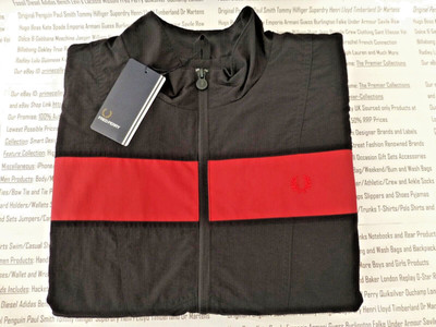 FRED PERRY abgesetzte Jacke Herren Größe M schwarz dünn Canvas durchgehender Reißverschluss Oberteil neu mit Etikett UVP 110 £