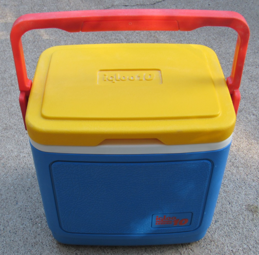 1988 VTG Igloo Legend 10 Cooler W/ Cup Holder Yellow Lid Blue