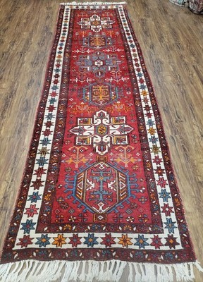 Antique Per'sian Heriz Runner Rug 3x11, Hand-Knotted Red Geometric Medallions