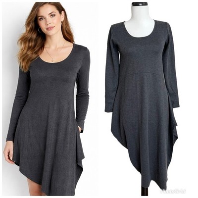 Heyne Bogut Asymmetric Hem Midi Dress S Gray Stretch Lagenlook Artsy Teacher 