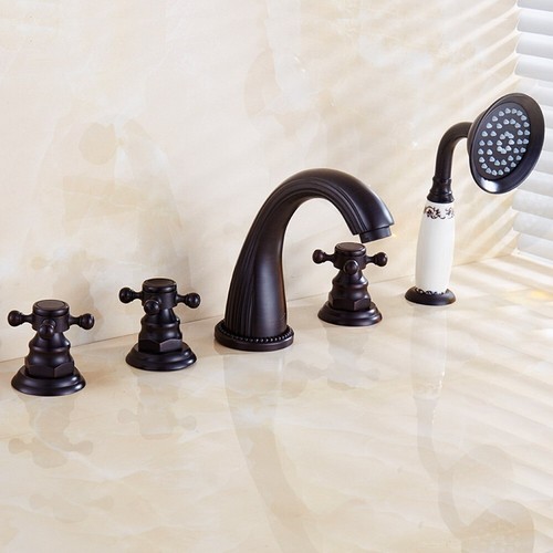 Black Brass 5 Hole Deck Mount Bathroom Roman Tub Faucet with Hand Shower Set - Picture 3 of 9