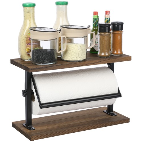 Rustic Wood & Metal Kitchen Paper Towel Holder Countertop Rack w/ Top Shelf - Picture 2 of 7