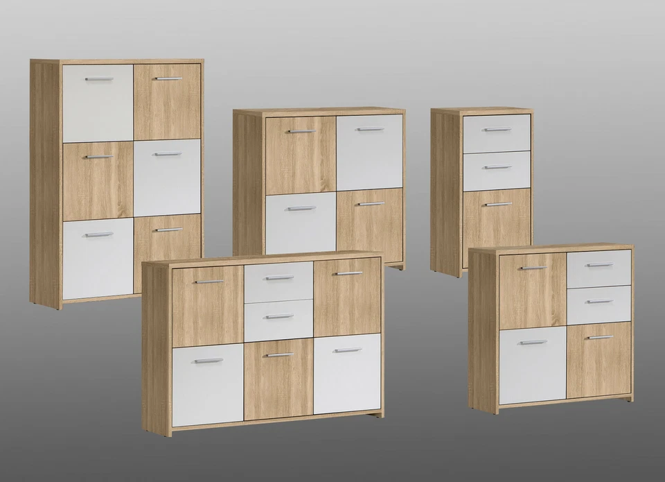 Comò con 3 ante e 2 cassetti FIANNA, in legno laminato quercia sonoma/bianco. - Immagine 3 di 3