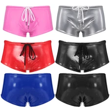 Men Metallic Wetlook Drawstring Boxer Shorts Brief Low Rise Swim Trunk Underwear