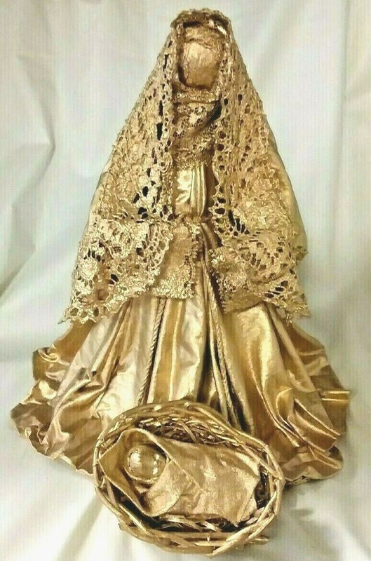 Vintage Draped Cloth Goldtone Mary and Child Christmas Handcrafted Folk Art 
