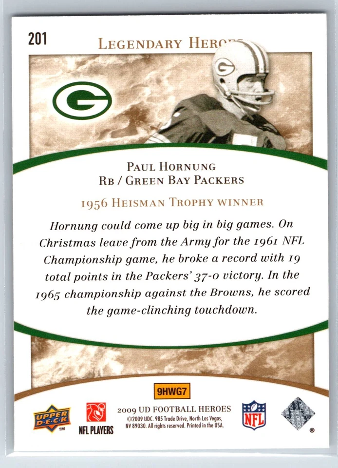 2009 Upper Deck Heroes Paul Hornung Green Bay Packers #201 - Image 2 of 2