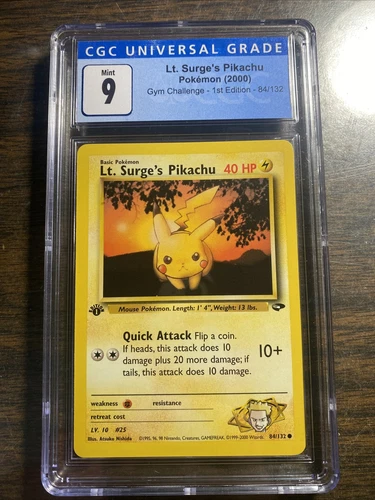 Lt. Surge's Pikachu - 84/132 - CGC 9 Mint - 1st Edition - Gym Challenge