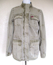 Napapijri Field Jacket Large Women Khaki Cotton Zip Up Snap Pockets Drawstring