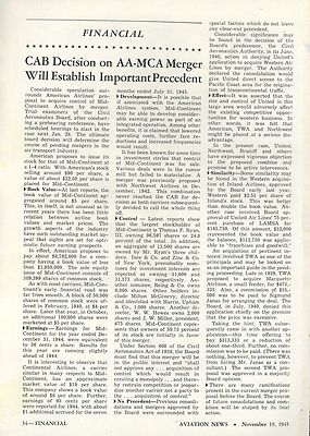 1945 Aviation Article Merger of American Airlines & Mid Continent Airlines