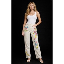 Lauren Jean Co Floral Painted Straight Leg Jeans Cream High Rise Womens 12 