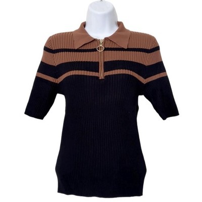 Rio & Rian Women Ribbed Short-Sleeve Polo Sweater Top in Black and Brown Size M