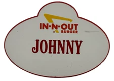 IN-N-OUT Burger Employee Name Tag Johnny Red & White Clip On Good Condition