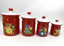NOS Vintage Kromex Flower Power Daisy 4 Canister Set Aluminum Nesting Red