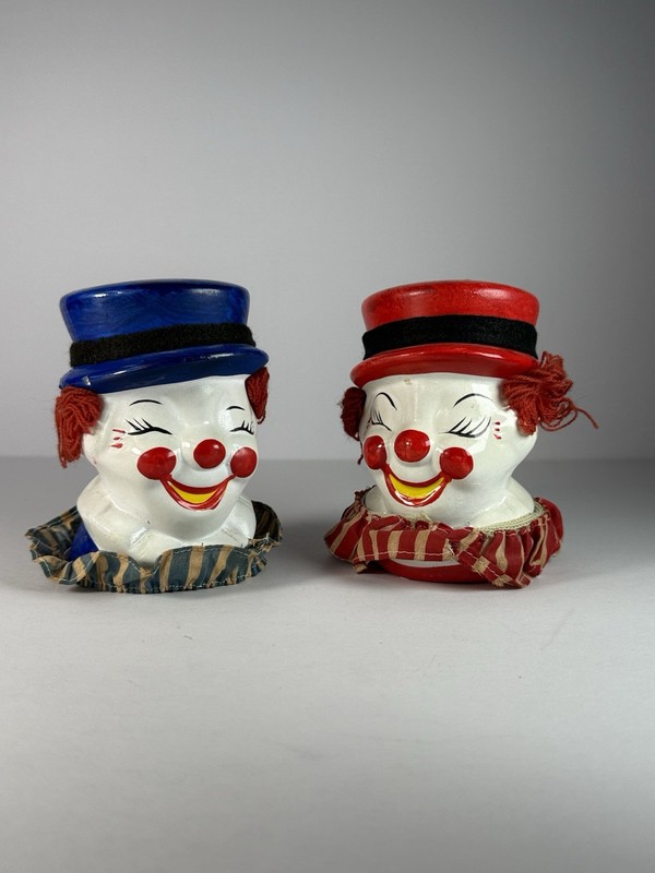 Vintage Clown Coin Bank Set Made In Taiwan Pair Chalkware Piggy Banks 1960-70s