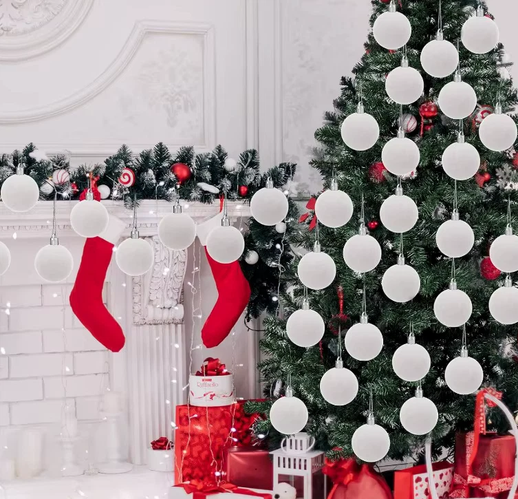White Velvet Christmas Baubles Ornaments Tree Balls x 6/12 Decorations UK STOCK