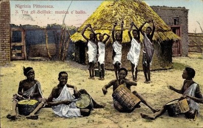 Postcard Sudan, Nigrizia Pittoresca, Tra gli Scilluk, musica e ballo - 11253757