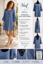 Nief Size XL Denim Blue Shift Dress Bell Sleeve Criss Cross Back Boho