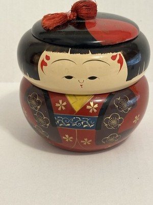 Japanese Kokeshi Face Round Lidded Trinket Box/Jar with Red Tassel