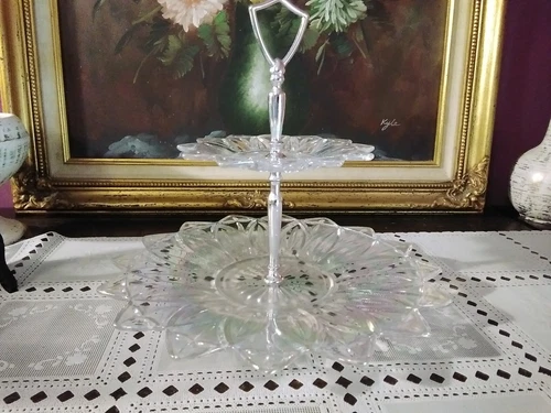 Vintage Federal Glass Carnival Glass Clear Pearlescent Two Tier Desert Stand