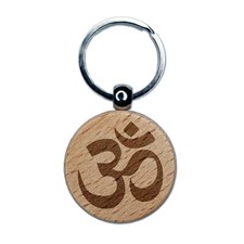 Om Aum Hinduism Buddhism Jainism Yoga Symbol Engraved Wood Round Keychain