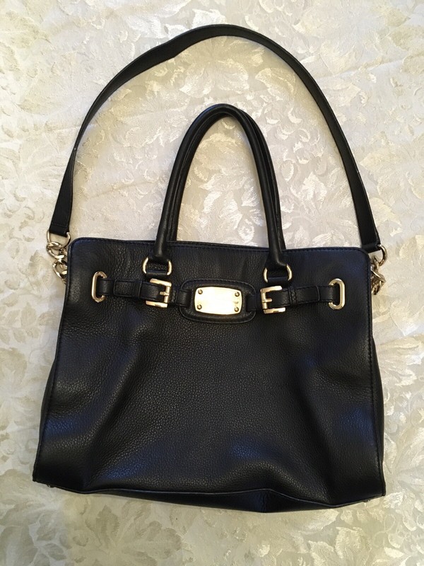 MICHAEL KORS HAMILTON SATCHEL SHOULDER BLACK LEATHER BAG WITH GOLD HARDWARE