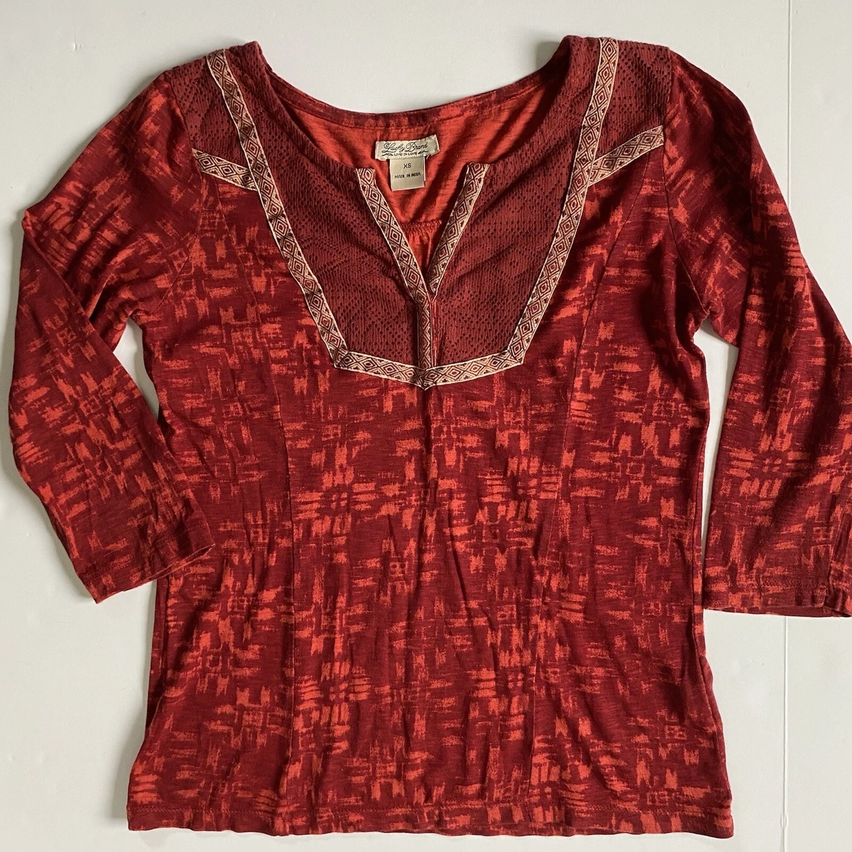 Lucky Brand Womens Shirt Size X Small XS Orange Red Tunic V Neck Blouse Top  EUC