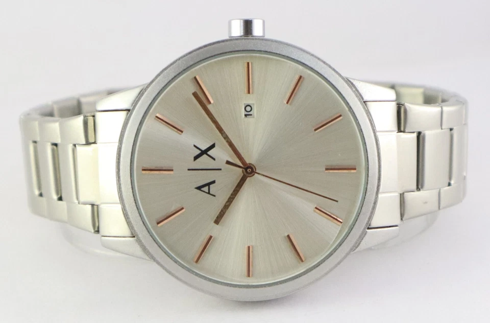 Reloj de cuarzo de lujo Armani para hombre esfera plateada ''fecha'' correa de acero "mantén el buen tiempo" Foto 4 de 4