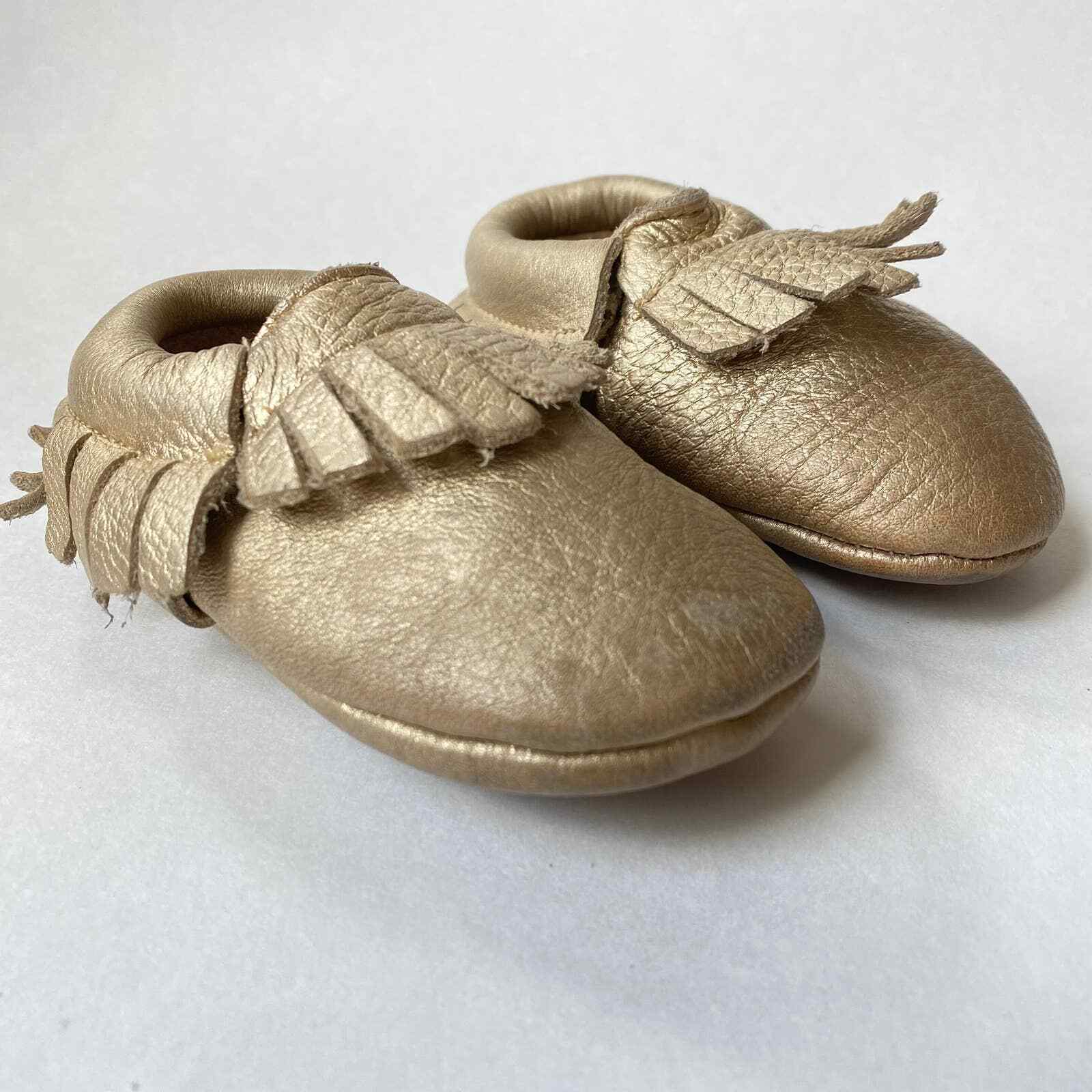 SAOLA MOCASSINO scarpe culla suola morbida frange pelle oro FP Dupes 6 12 mesi 4 neonati