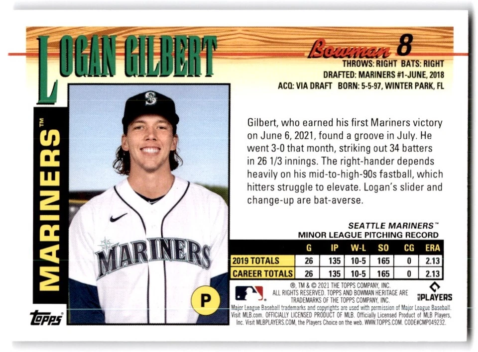 2021 Bowman Heritage Logan Gilbert RC Seattle Mariners #8 - Image 2 of 2