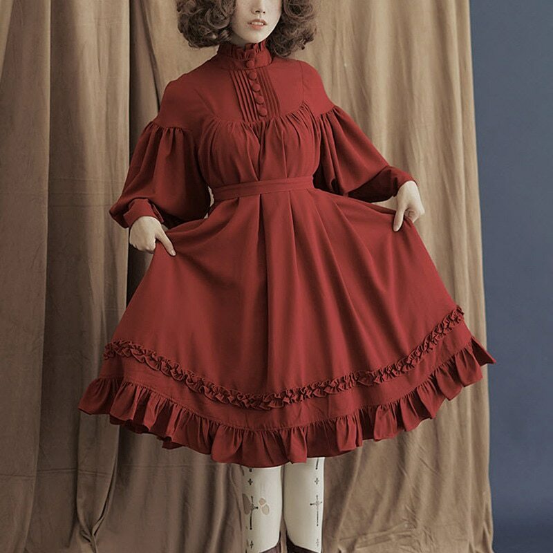 Midi Dress Vintage Stand Collar High Waist Button Ruffle A-line Dress  Longsleeve | eBay