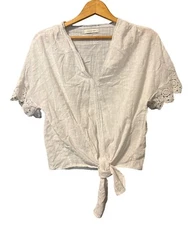 Max Studio Short Sleeve Blouse White Eyelet Lace Tie Front Cotton Blend Medium?