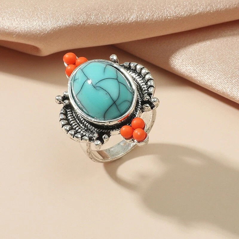 Hermoso Anillo Tribal Grande Retro Turquesa y Coral - Talla 8 Foto 3 de 4