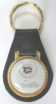 White Cadillac SEVILLE 42L1 Black Leather Gold Tone Key Ring