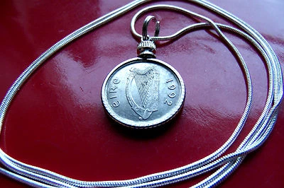 Authentic 1992 Irish Luck Coin Pendant on a 30" Sterling Silver Snake Chain