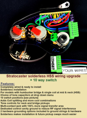 Fender Stratocaster Solderless HSS Wiring Upgrade - 10 way switch = 5 New Tones!