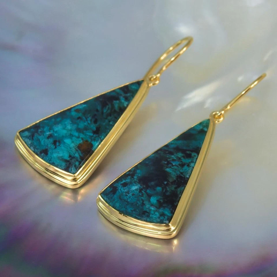 Pendientes Oro 18K Vermeil Plata de Ley Gema Sílice Crisocola Cabujón 7,35 g Foto 2 de 4