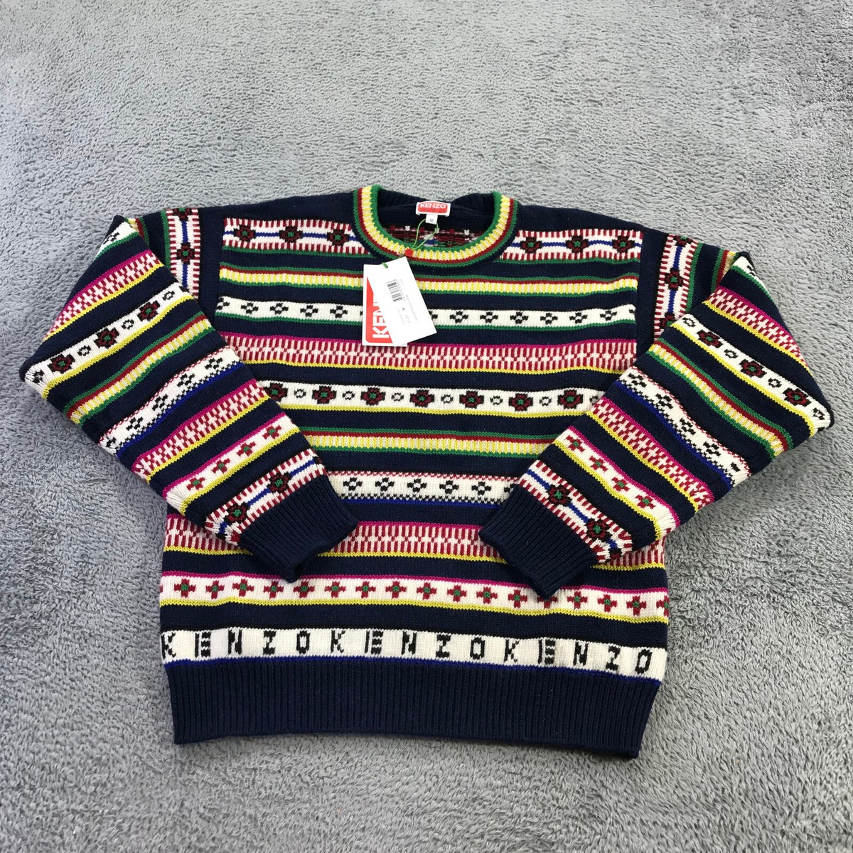 KENZO Sweater Mens Medium Jacquard Regular Jumper Fair Isle Wool 