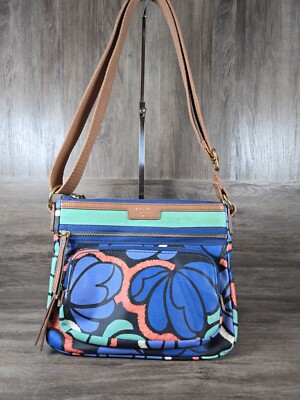 Fossil Floral Blue Crossbody Coated Adjustable Strap Zip Closure Lots Of Pockets
