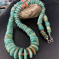 Native Green Turquoise Navajo Sterling Silver Spiny Necklace 26" 13908