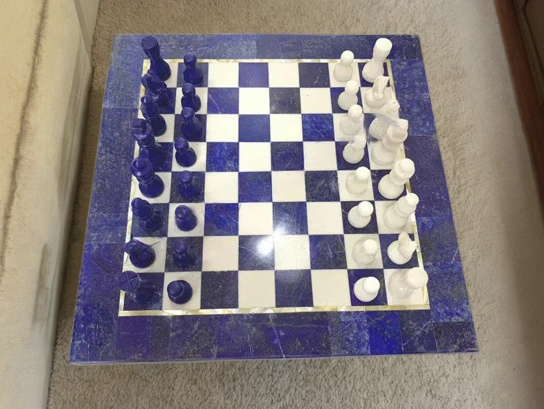 Juego de Ajedrez Lapislázuli, Ajedrez Mármol Blanco, Ajedrez Gambito Reina, Regalos Artesanales Foto 3 de 4