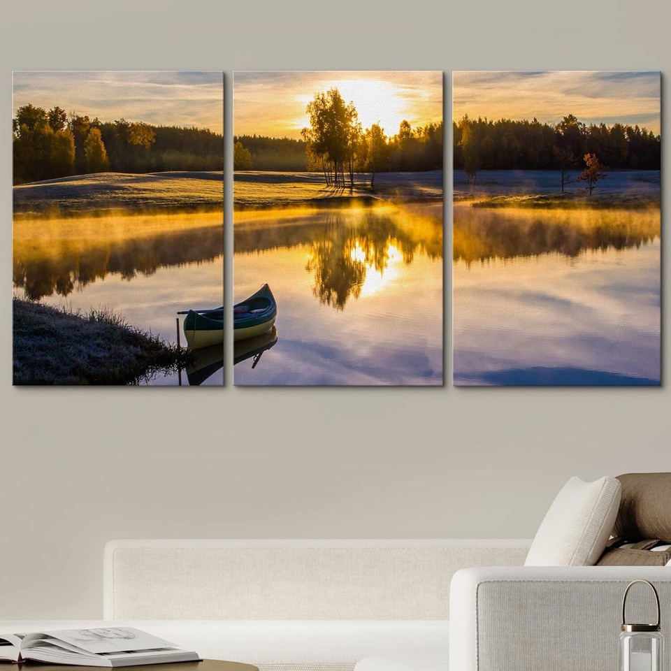 Wall26 Canvas Wall Art | Sunrise Over The Lake with a Boat | Canvas ...