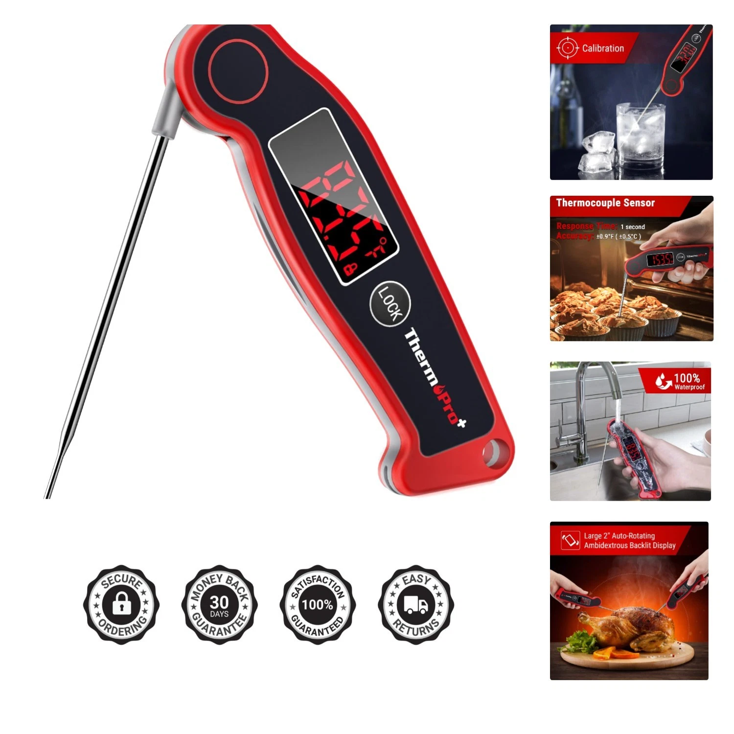 TP19 Waterproof Digital Meat Thermometer for Grilling with Ambidextrous Backl...